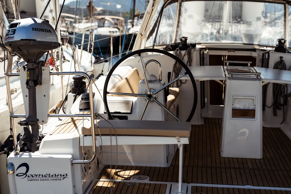 Cockpit of Marta, a Beneteau Oceanis 38 sailboat at Olbia, Italy