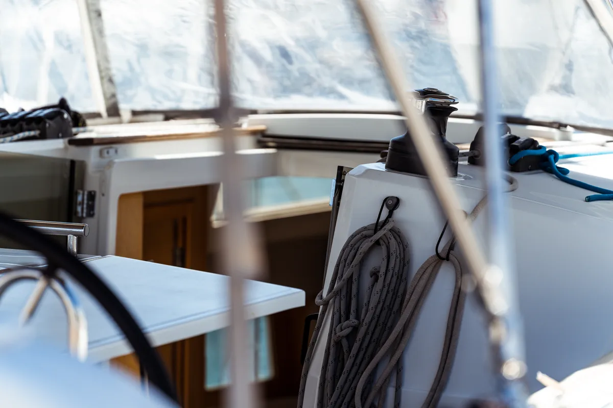 Deck of Marta, a Beneteau Oceanis 38 sailboat at Olbia, Italy