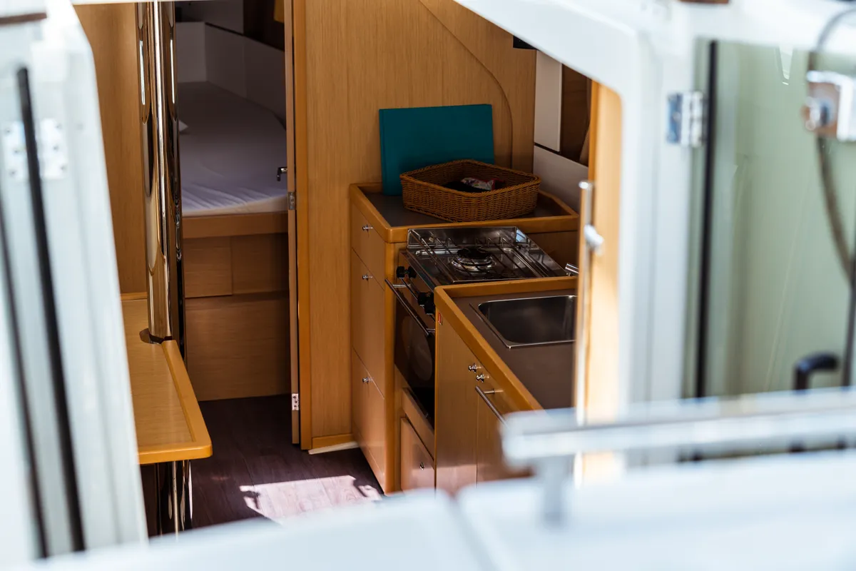 Galley of Marta, a Beneteau Oceanis 38 sailboat at Olbia, Italy