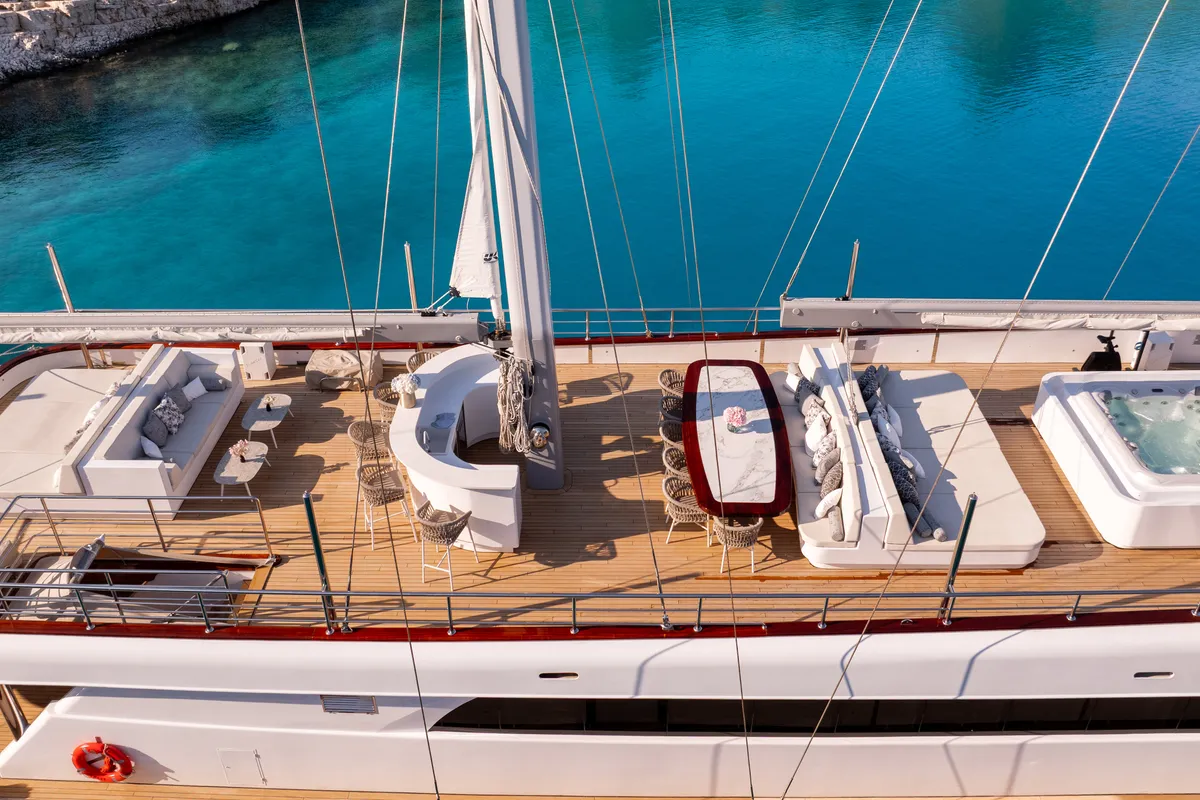 Deck of Nocturno, a Gulet Luxury Sailing Yacht sailboat at Split, Croatia