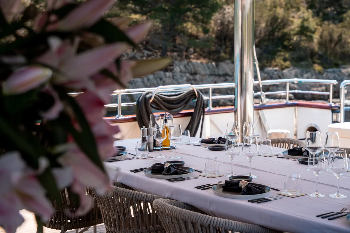 Deck of Nocturno, a Gulet Luxury Sailing Yacht sailboat at Split, Croatia