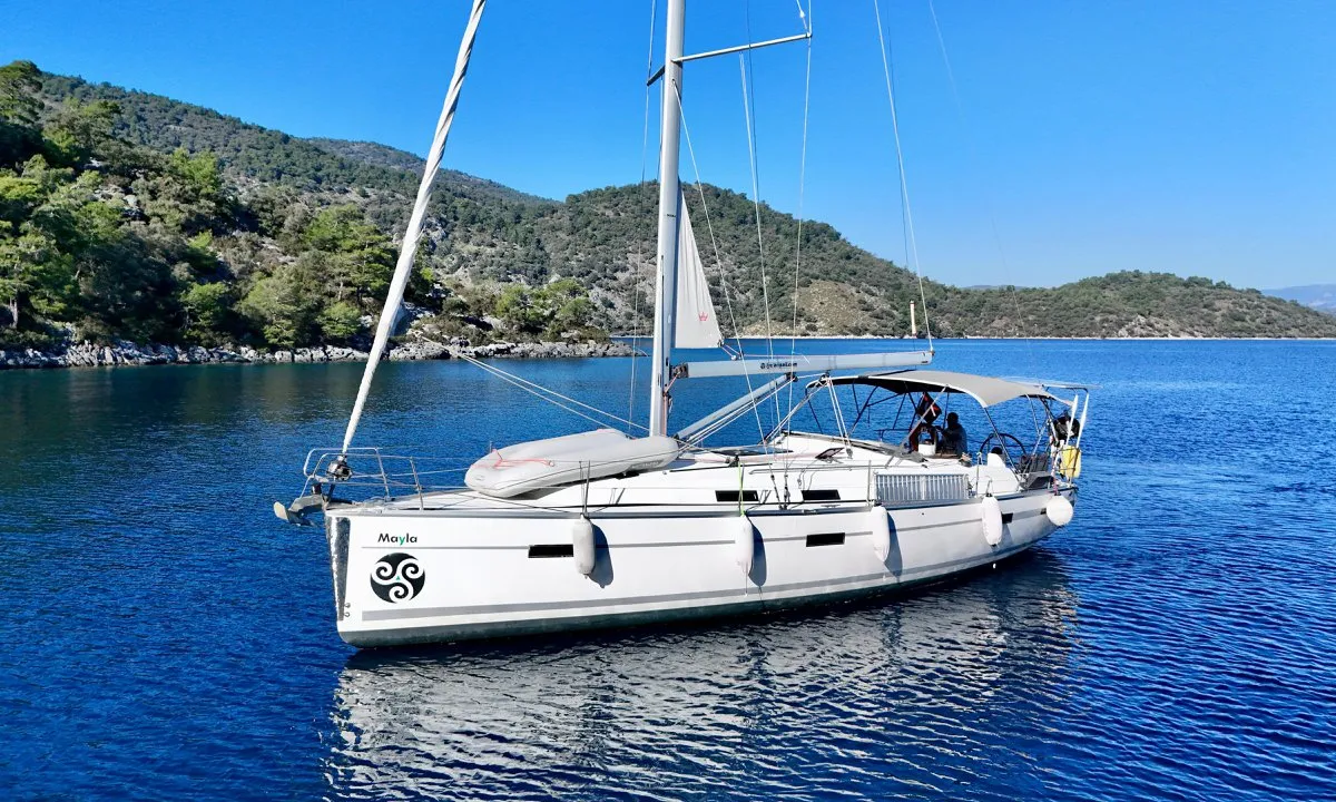 Exterior view of Mayla, a Bavaria Cruiser 40 sailboat at Fethiye, Turkey
