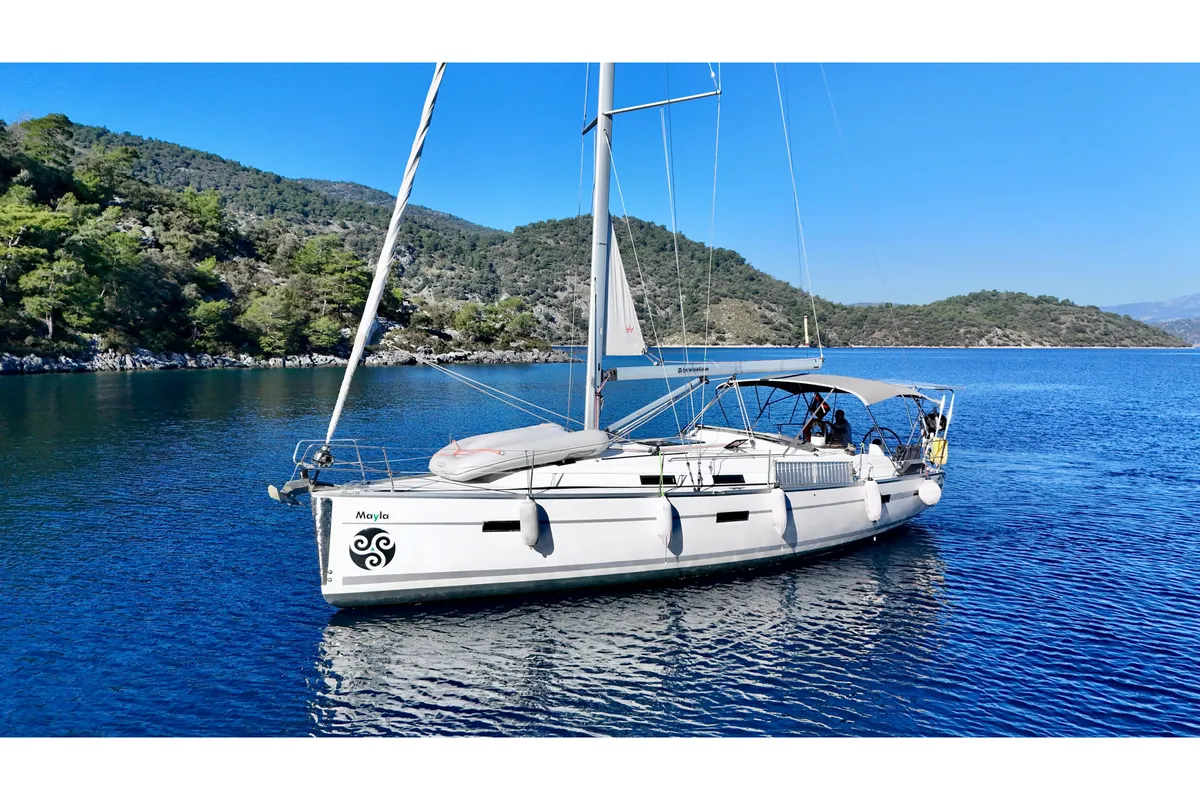 Exterior view of Mayla, a Bavaria Cruiser 40 sailboat at Fethiye, Turkey