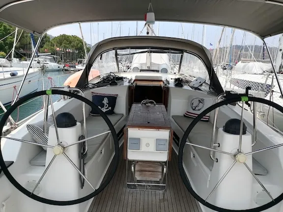 Cockpit of Mayla, a Bavaria Cruiser 40 sailboat at Fethiye, Turkey