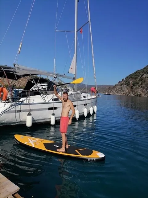 Exterior view of Mayla, a Bavaria Cruiser 40 sailboat at Fethiye, Turkey