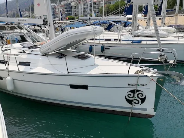 Exterior view of Mayla, a Bavaria Cruiser 40 sailboat at Fethiye, Turkey