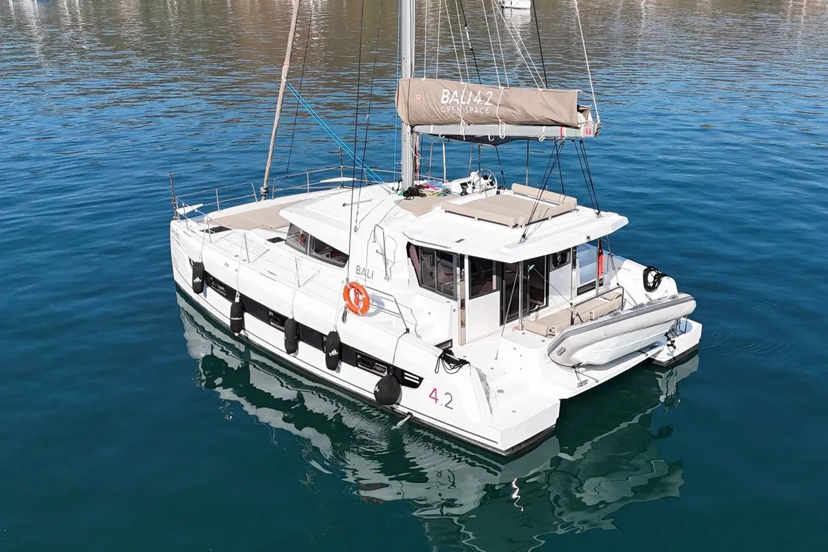 Exterior view of Premium, a Bali 4.2 catamaran at Sant Antoni de Portmany, Spain