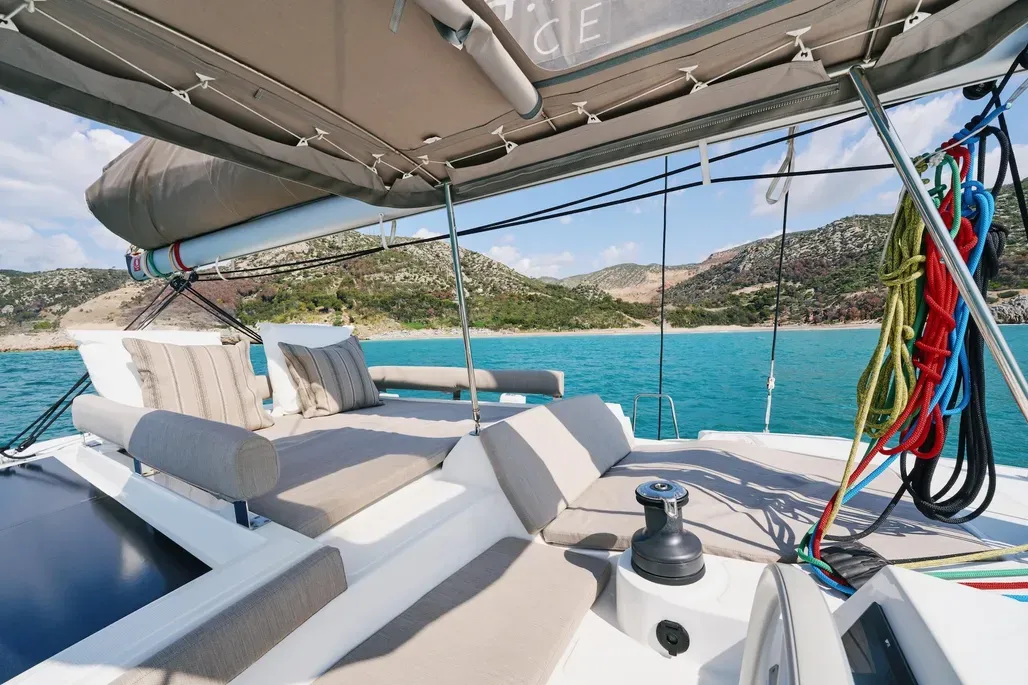 Deck of Premium, a Bali 4.2 catamaran at Sant Antoni de Portmany, Spain