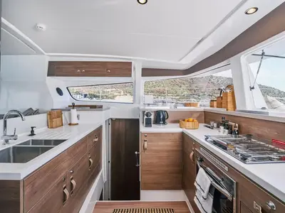 Galley of Premium, a Bali 4.2 catamaran at Sant Antoni de Portmany, Spain