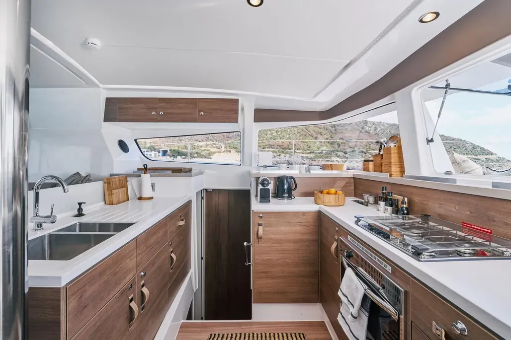 Galley of Premium, a Bali 4.2 catamaran at Sant Antoni de Portmany, Spain