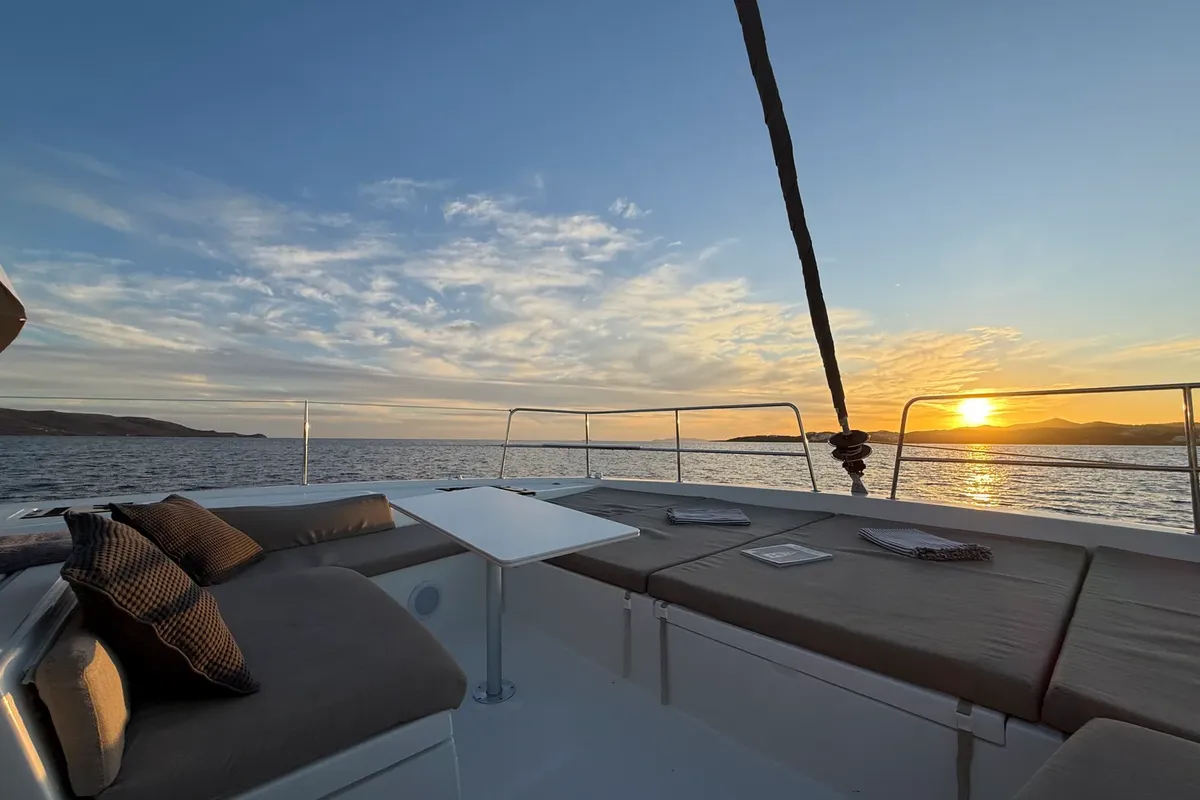 Deck of Premium, a Bali 4.2 catamaran at Sant Antoni de Portmany, Spain