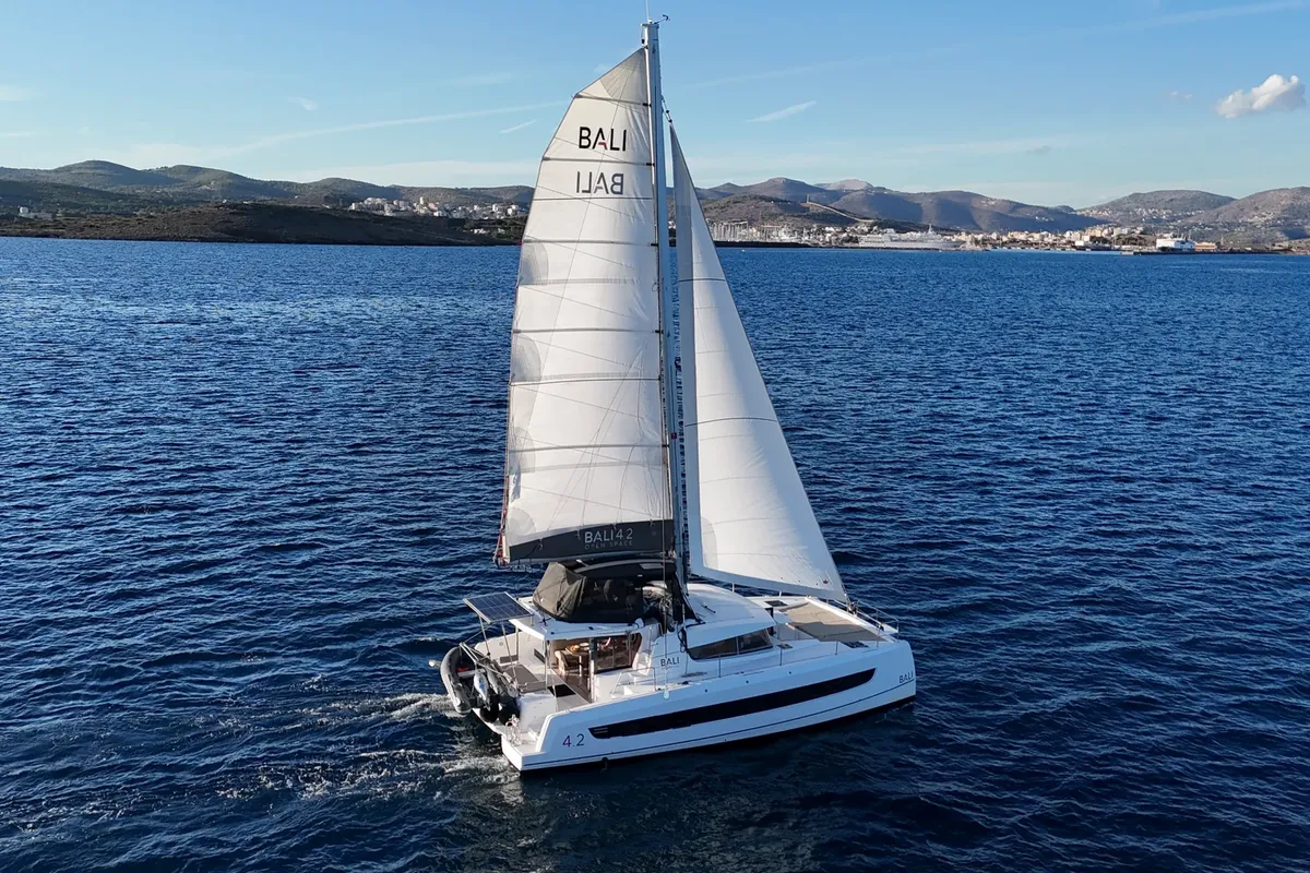 Exterior view of Premium, a Bali 4.2 catamaran at Sant Antoni de Portmany, Spain