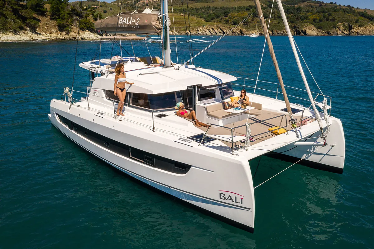 Exterior view of Premium, a Bali 4.2 catamaran at Sant Antoni de Portmany, Spain