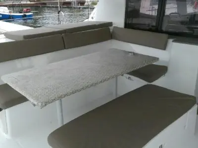 Deck of Fleur De Sel, a Fountaine Pajot Helia 44 catamaran at Cogolin, France