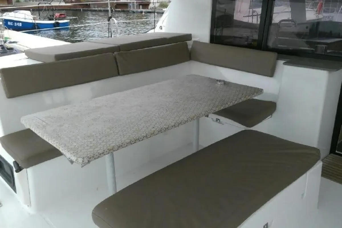 Deck of Fleur De Sel, a Fountaine Pajot Helia 44 catamaran at Cogolin, France
