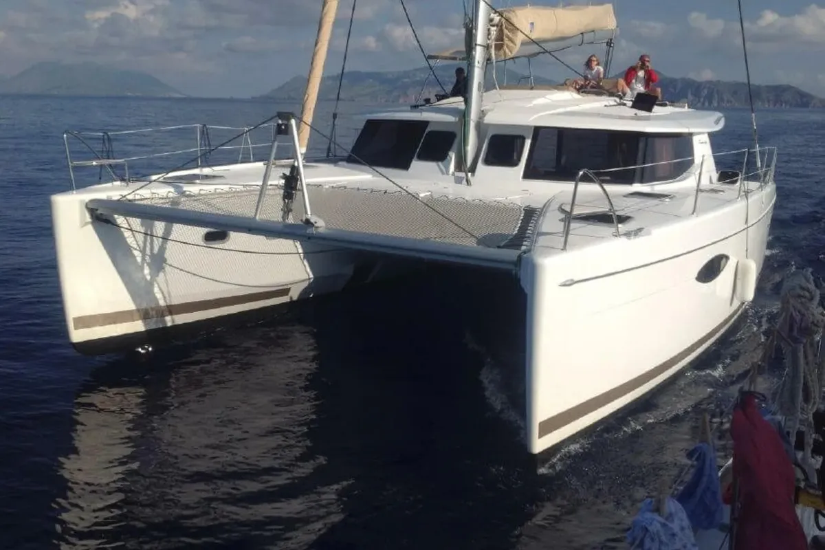 Exterior view of Fleur De Sel, a Fountaine Pajot Helia 44 catamaran at Cogolin, France