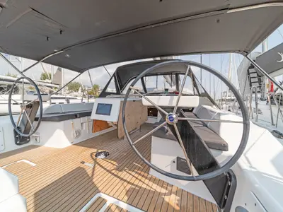 Cockpit of Hierax, a Dufour 430 sailboat at Volos, Greece