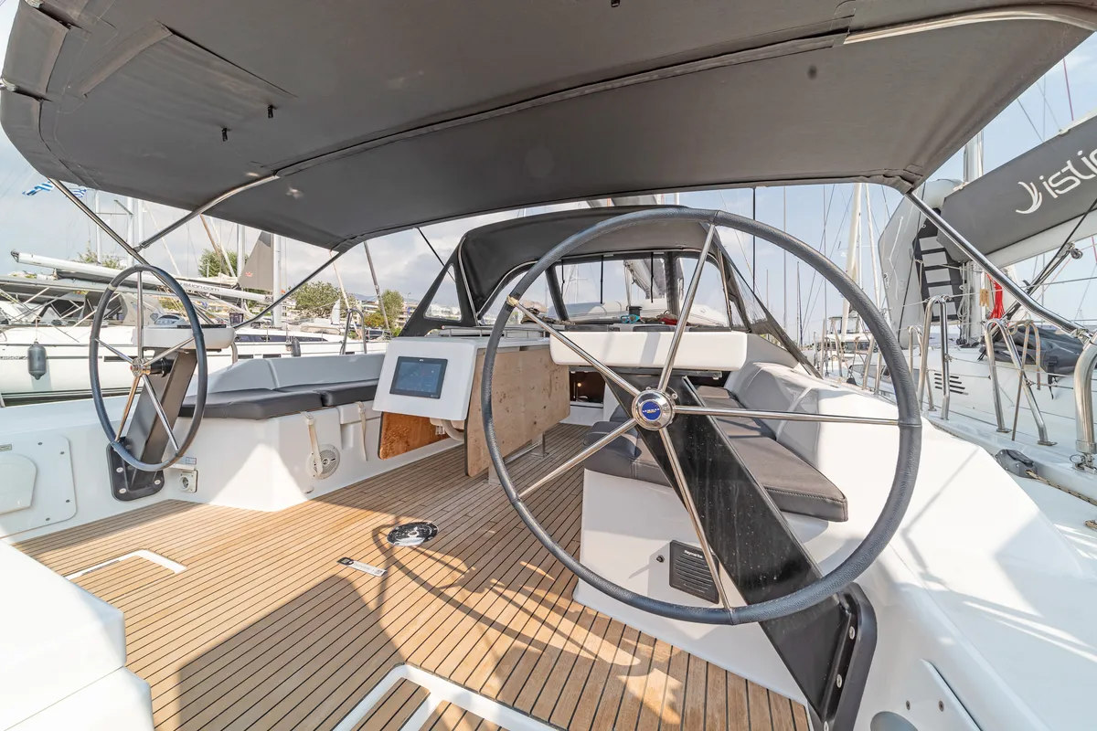 Cockpit of Hierax, a Dufour 430 sailboat at Volos, Greece