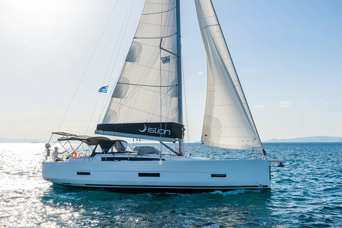 Exterior view of Hierax, a Dufour 430 sailboat at Volos, Greece