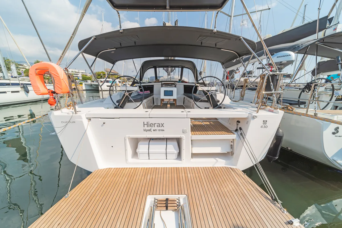 Exterior view of Hierax, a Dufour 430 sailboat at Volos, Greece