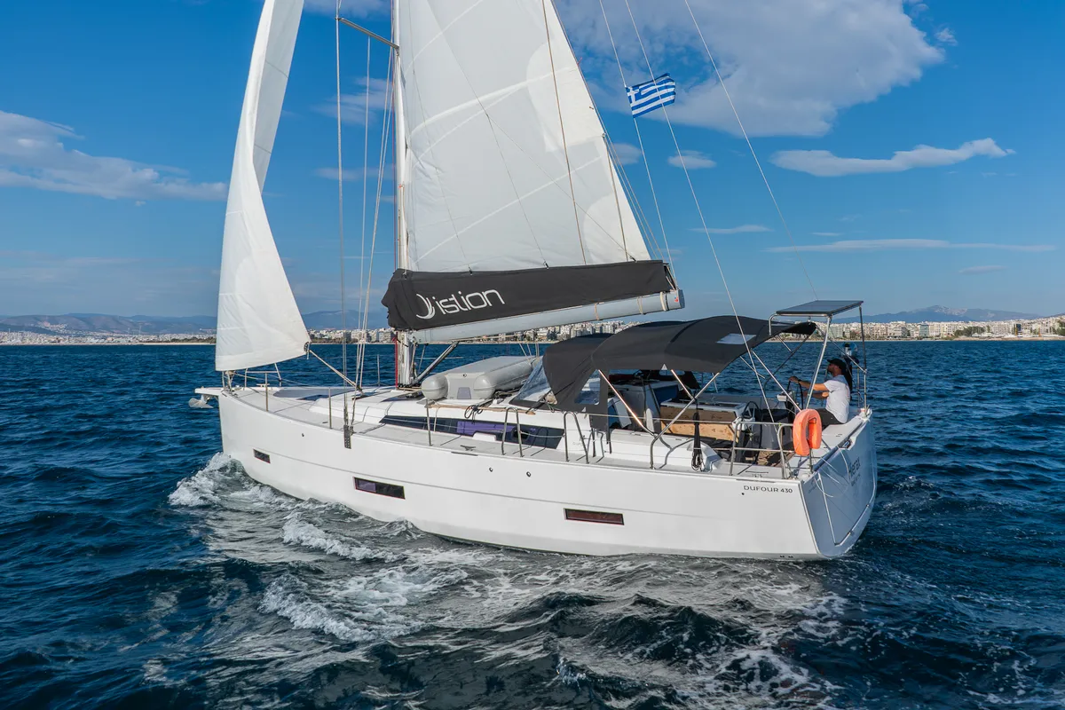 Exterior view of Hierax, a Dufour 430 sailboat at Volos, Greece