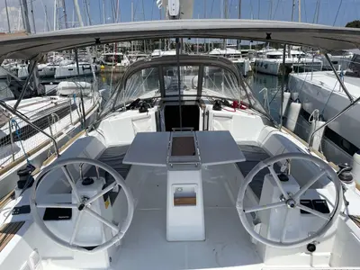 Cockpit of Gwada, a Beneteau Oceanis 38.1 sailboat at Grad Pula, Croatia