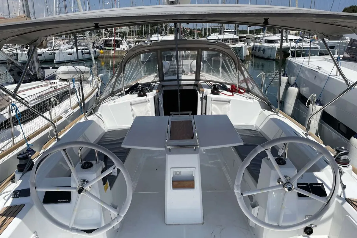 Cockpit of Gwada, a Beneteau Oceanis 38.1 sailboat at Grad Pula, Croatia