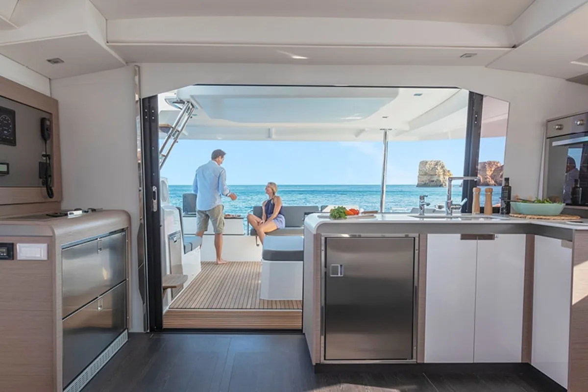 Galley of Lucky Traveller, a Fountaine Pajot Elba 45 catamaran at Road Town, British Virgin Islands