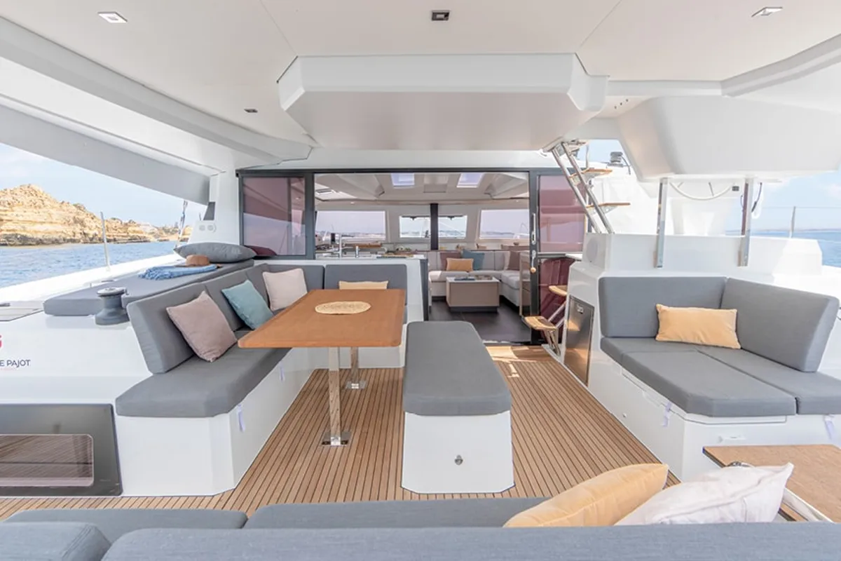 Deck of Lucky Traveller, a Fountaine Pajot Elba 45 catamaran at Road Town, British Virgin Islands