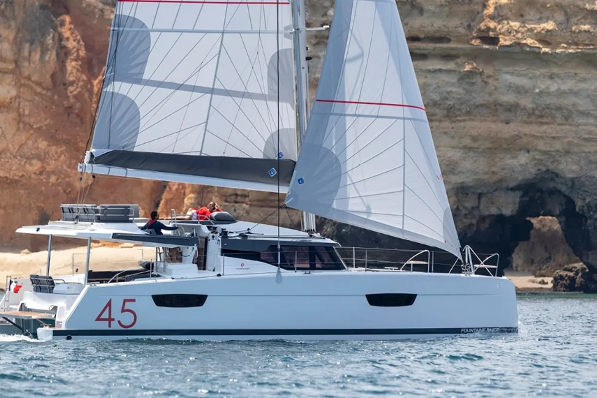 Exterior view of Lucky Traveller, a Fountaine Pajot Elba 45 catamaran at Road Town, British Virgin Islands