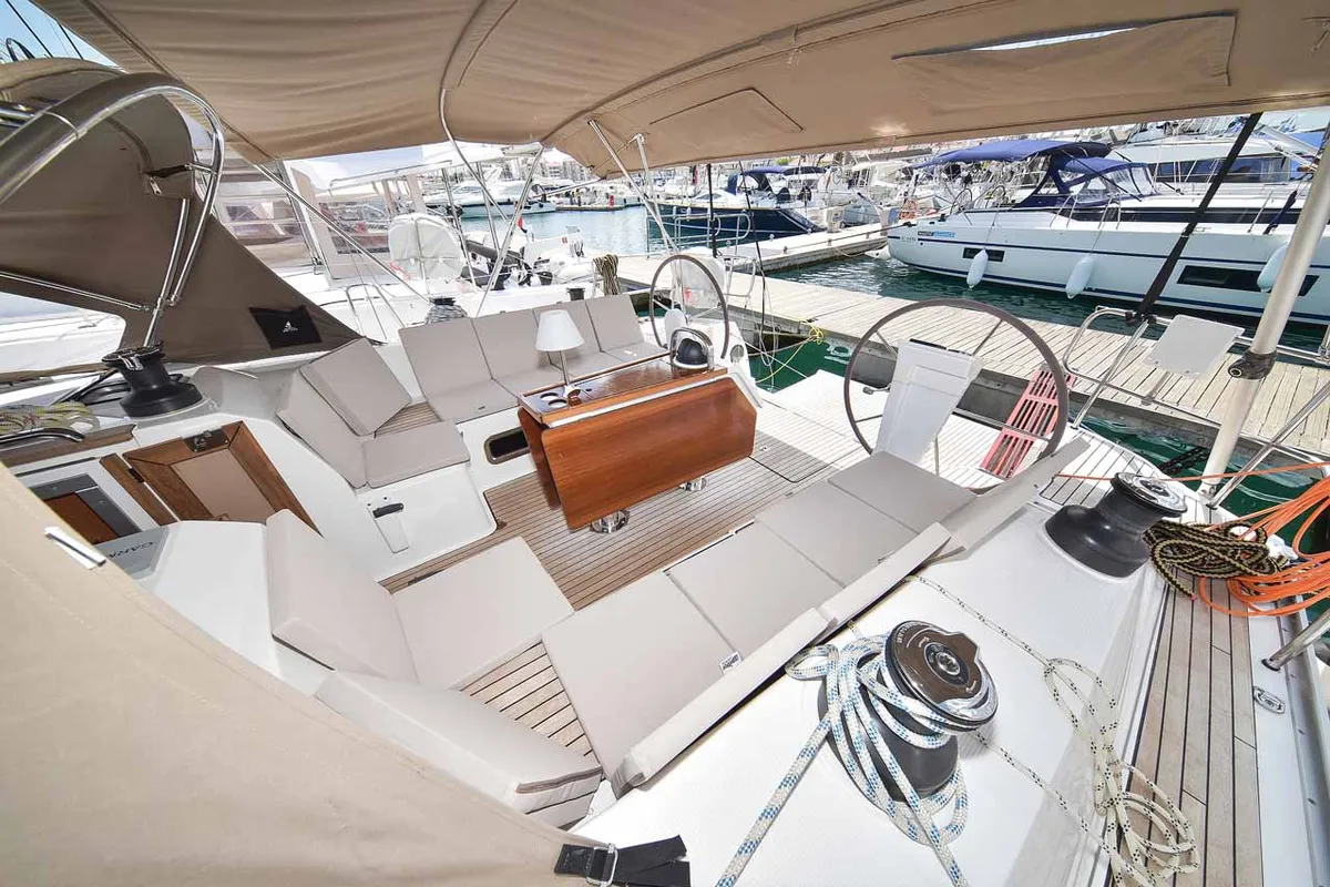 Cockpit of Donna I, a Bavaria Cruiser 51 sailboat at Grad Biograd na Moru, Croatia