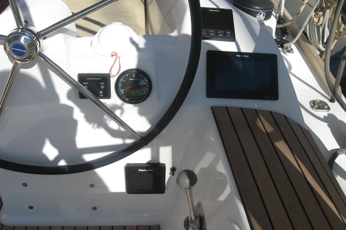 Cockpit of Delta, a Dufour 382 Grand Large sailboat at Athens, Greece