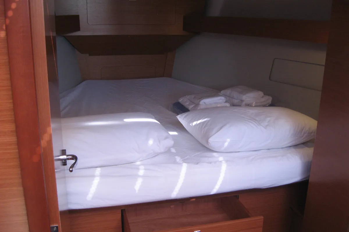 Cabin on Delta, a Dufour 382 Grand Large sailboat at Athens, Greece