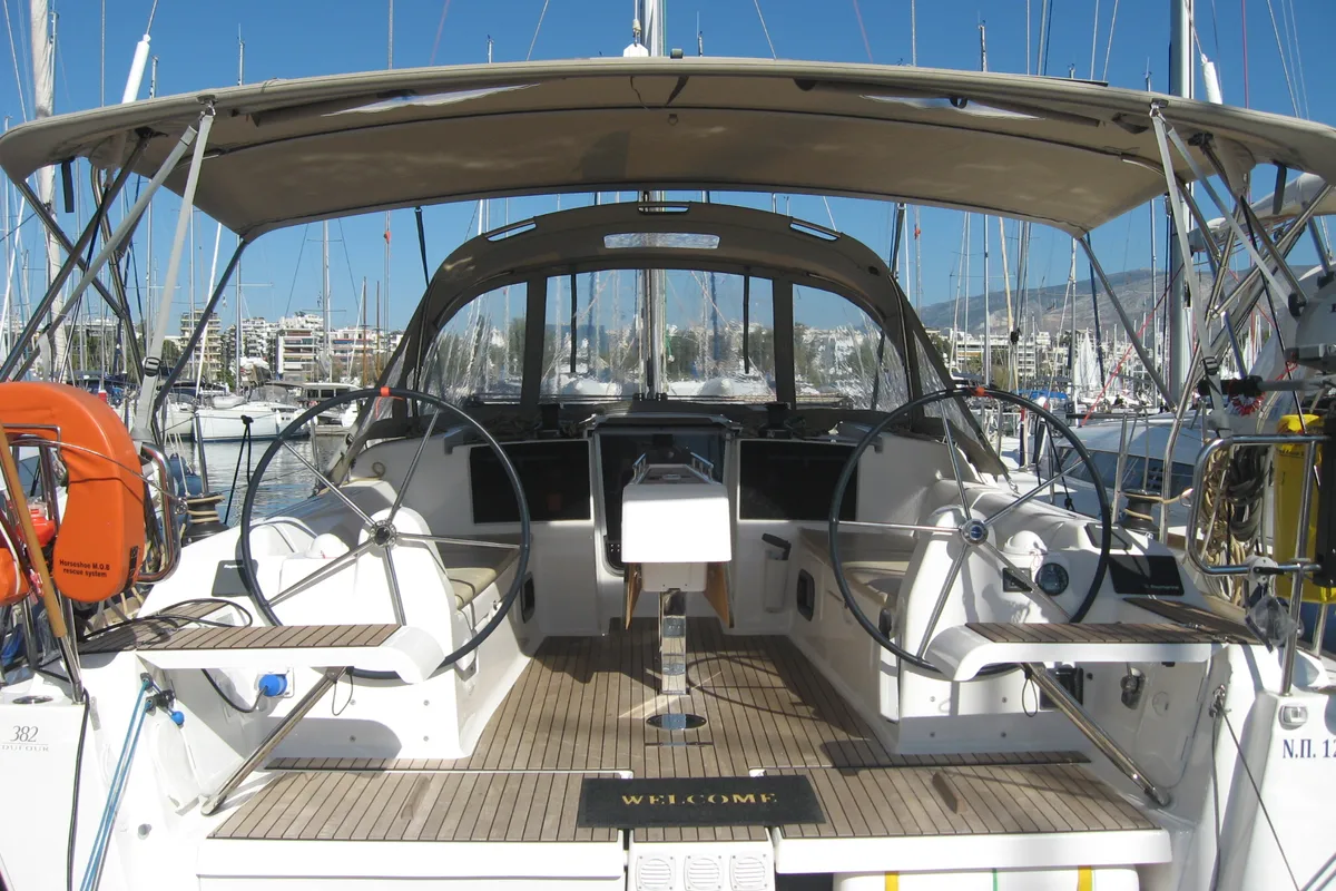 Deck of Delta, a Dufour 382 Grand Large sailboat at Athens, Greece