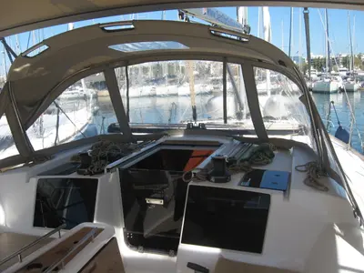 Deck of Delta, a Dufour 382 Grand Large sailboat at Athens, Greece