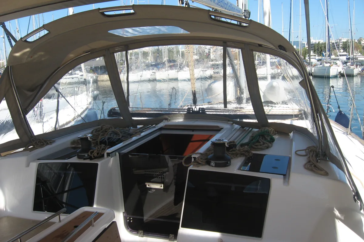 Deck of Delta, a Dufour 382 Grand Large sailboat at Athens, Greece