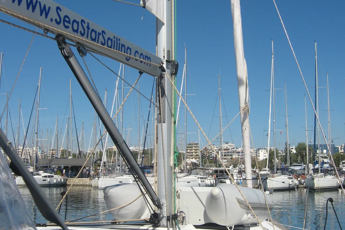Deck of Delta, a Dufour 382 Grand Large sailboat at Athens, Greece