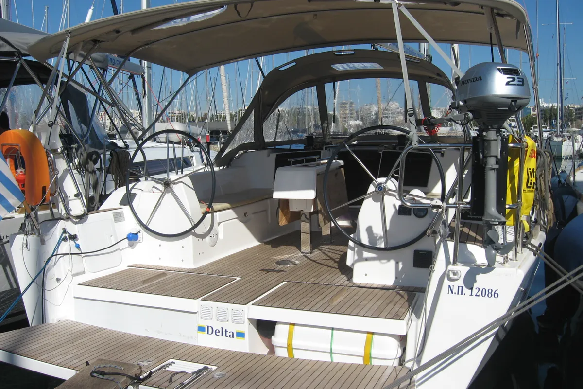Exterior view of Delta, a Dufour 382 Grand Large sailboat at Athens, Greece