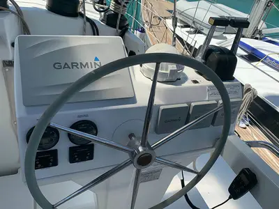 Cockpit of Waterloo, a Fountaine Pajot Saba 50 catamaran at Seget Donji, Croatia