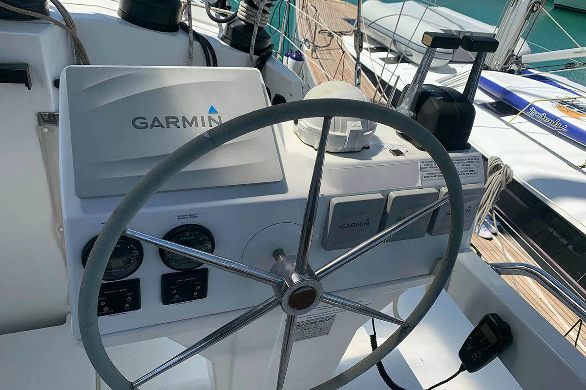 Cockpit of Waterloo, a Fountaine Pajot Saba 50 catamaran at Seget Donji, Croatia