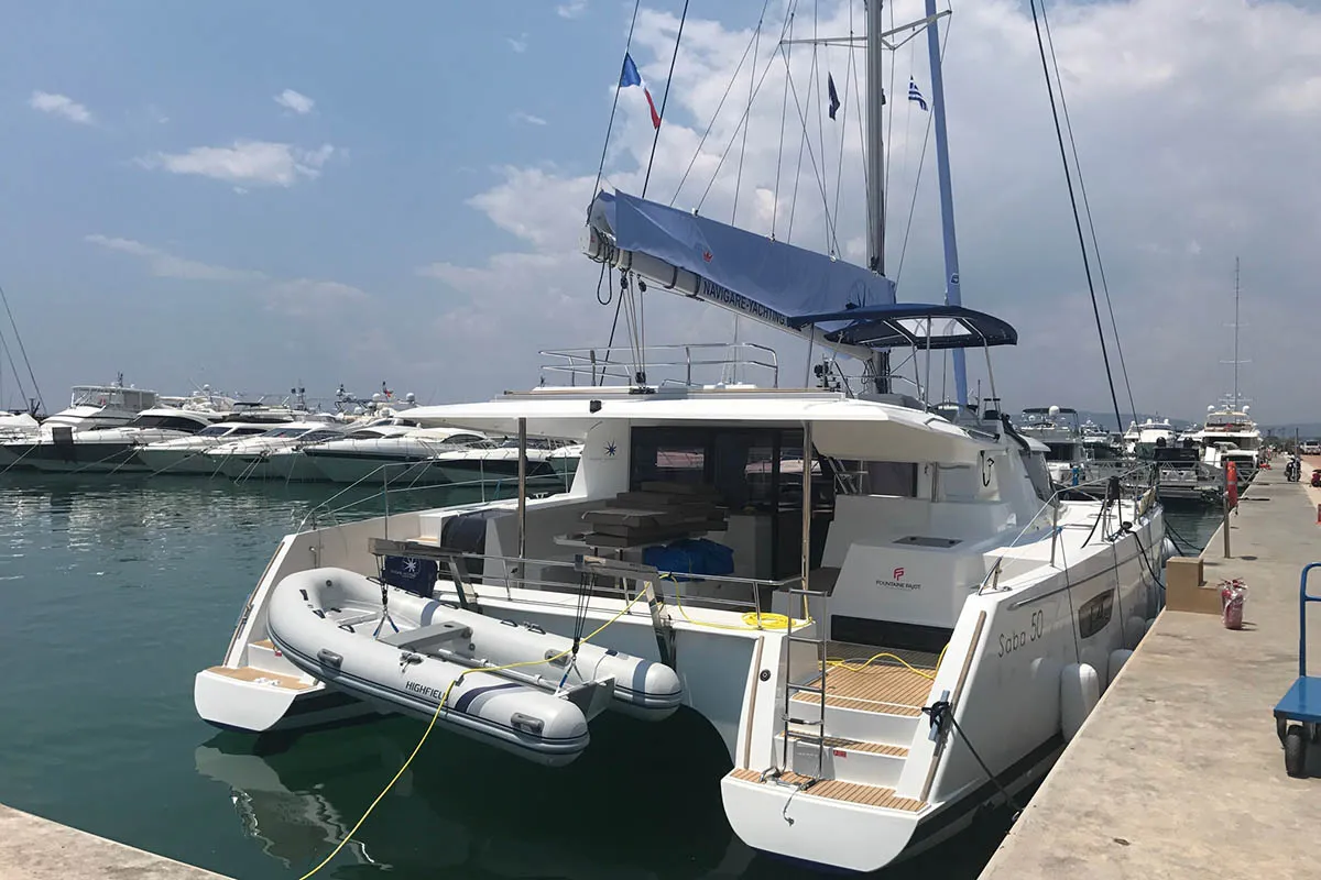 Exterior view of Waterloo, a Fountaine Pajot Saba 50 catamaran at Seget Donji, Croatia