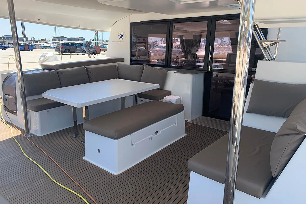 Deck of Waterloo, a Fountaine Pajot Saba 50 catamaran at Seget Donji, Croatia