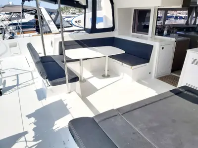 Deck of Red Twin II, a Lagoon 450 F catamaran at Primošten, Croatia