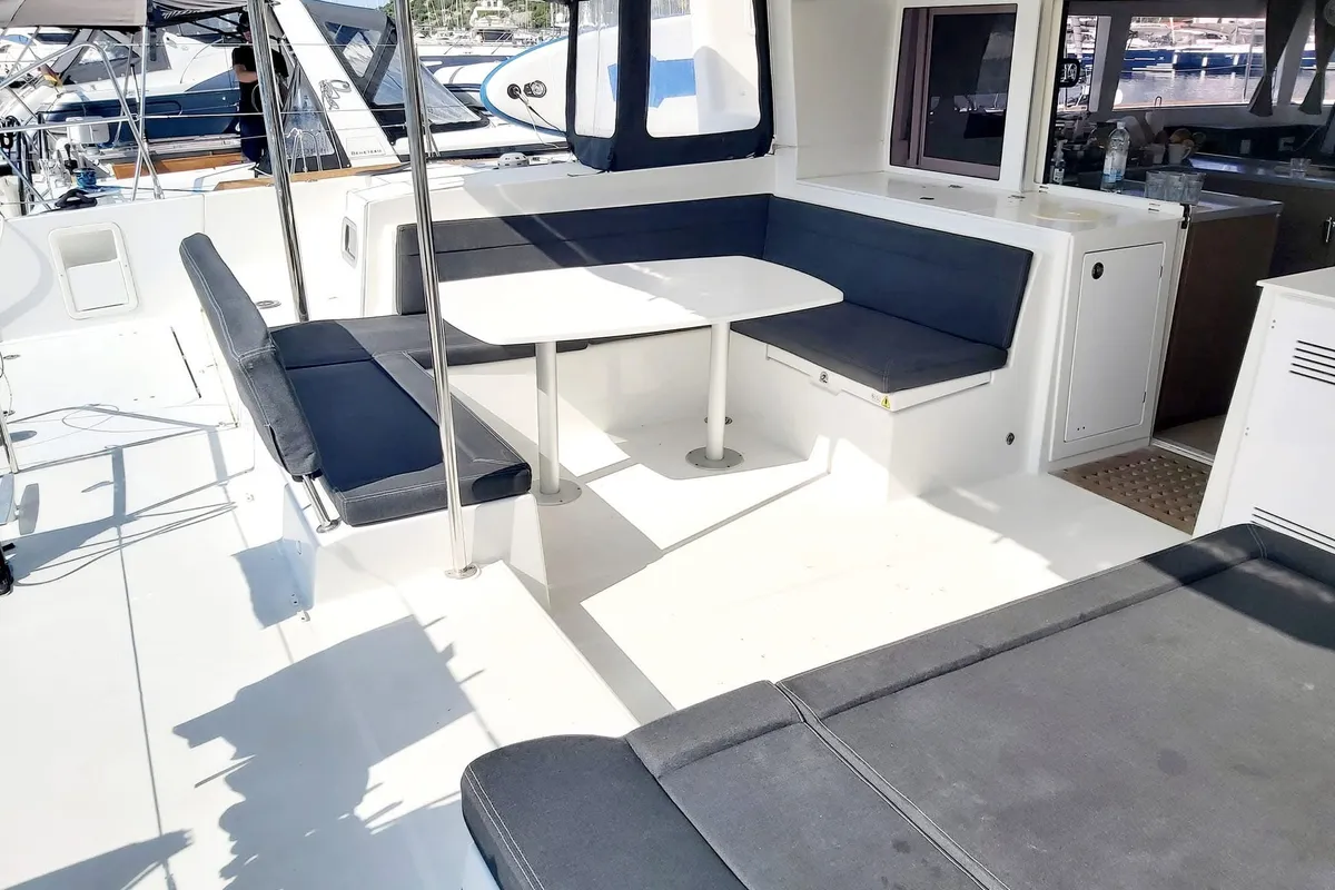 Deck of Red Twin II, a Lagoon 450 F catamaran at Primošten, Croatia