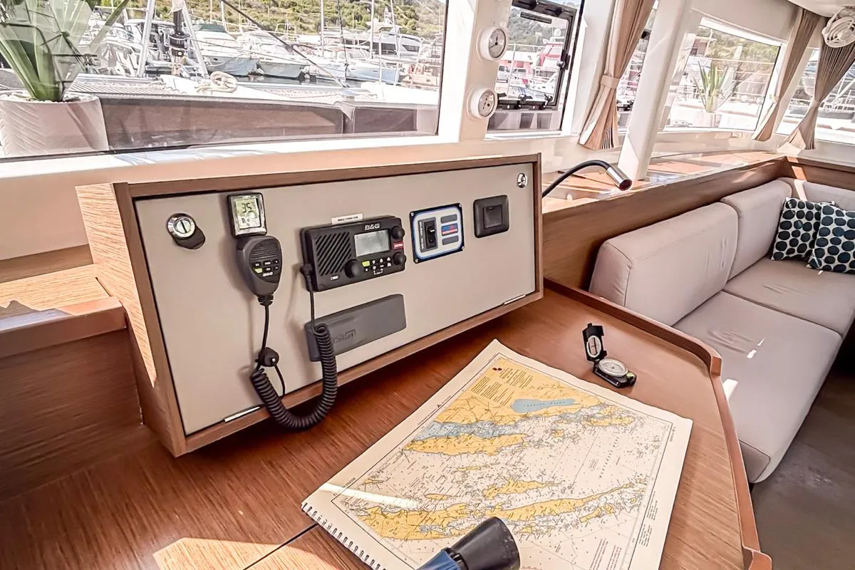 Cockpit of Red Twin II, a Lagoon 450 F catamaran at Primošten, Croatia