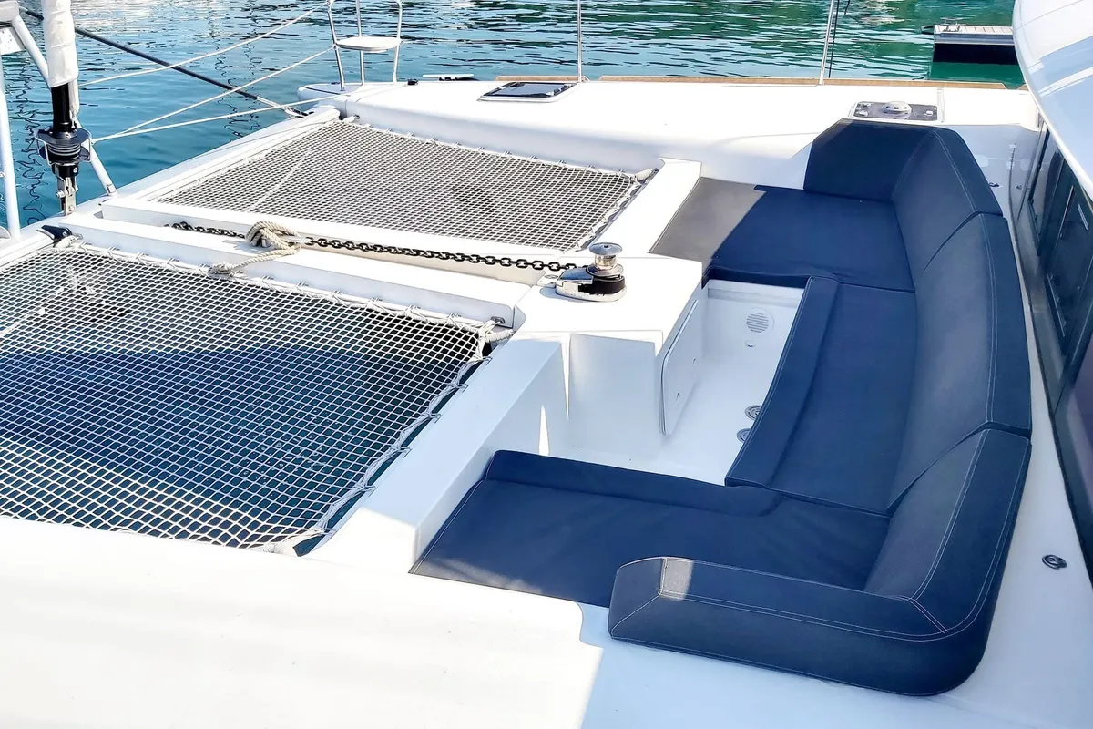 Deck of Red Twin II, a Lagoon 450 F catamaran at Primošten, Croatia