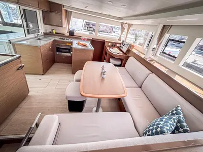 Salon of Red Twin II, a Lagoon 450 F catamaran at Primošten, Croatia
