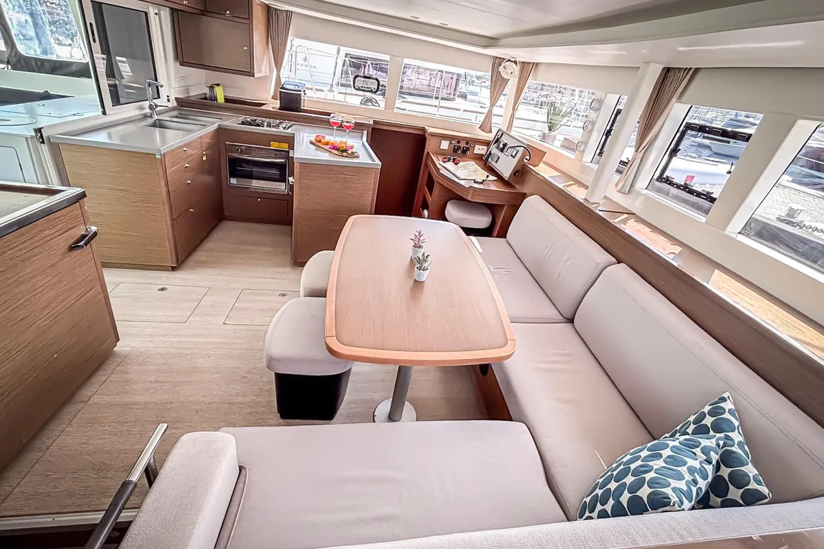 Salon of Red Twin II, a Lagoon 450 F catamaran at Primošten, Croatia