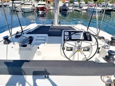 Cockpit of Red Twin II, a Lagoon 450 F catamaran at Primošten, Croatia