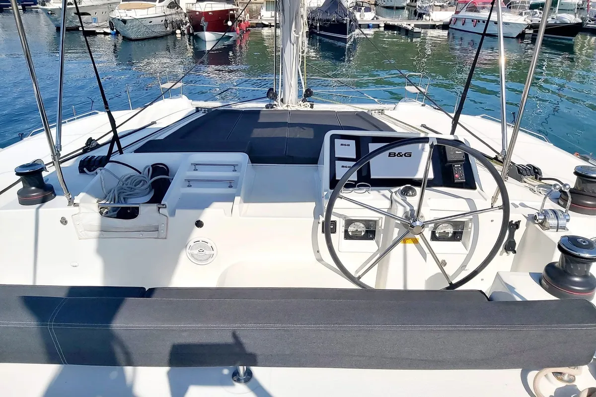 Cockpit of Red Twin II, a Lagoon 450 F catamaran at Primošten, Croatia